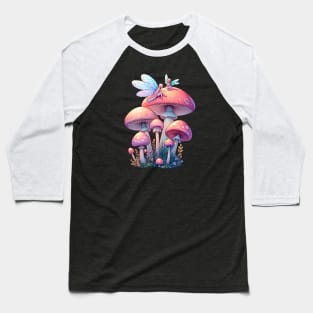 Whimsical Cottagecore Fairycore Mushrooms with Fairies Baseball T-Shirt